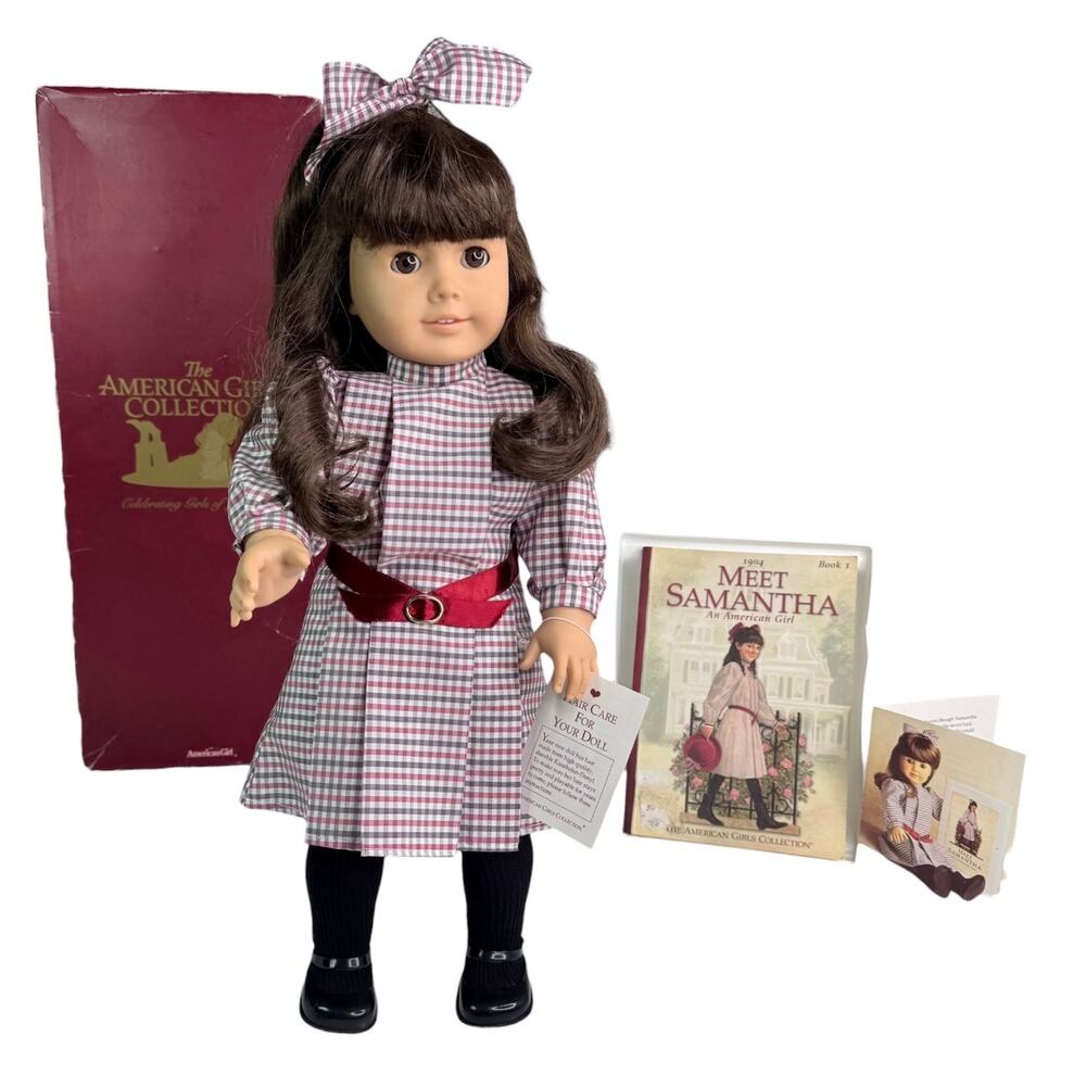 American Girl Samantha Doll 1986 PC Meet Outfit Dress Shoes Ribbon Wrist Tag Box